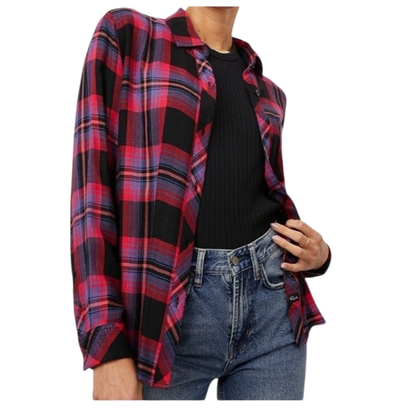 Rails Tops - Rails Hunter Plaid Flannel Shirt in Black Coral Teal Size Large